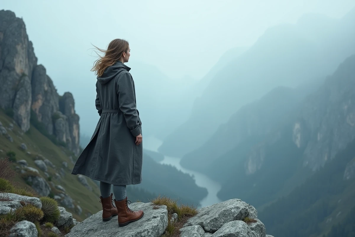 Femme seule au bord d'une falaise montagneuse contemplant un paysage brumeux, symbolisant la solitude et la transcendance philosophique de Nietzsche, Thoreau et Emerson