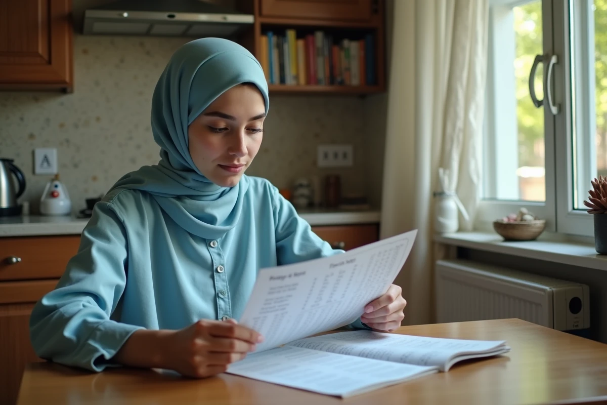Jeune femme nord-africaine en hijab lisant un calendrier de prières à la maison