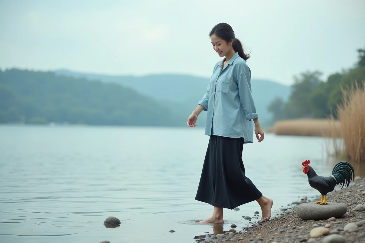 Femme asiatique sautant une pierre au bord du lac