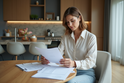 Femme d'âge moyen lisant des documents de location dans une cuisine moderne