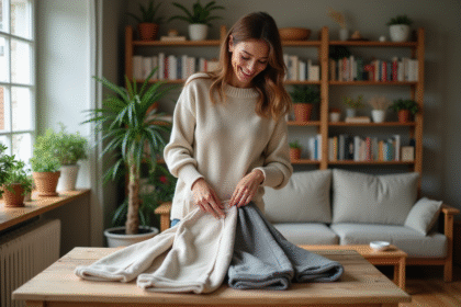 Femme souriante ployant des pantalons en coton bio dans un salon chaleureux