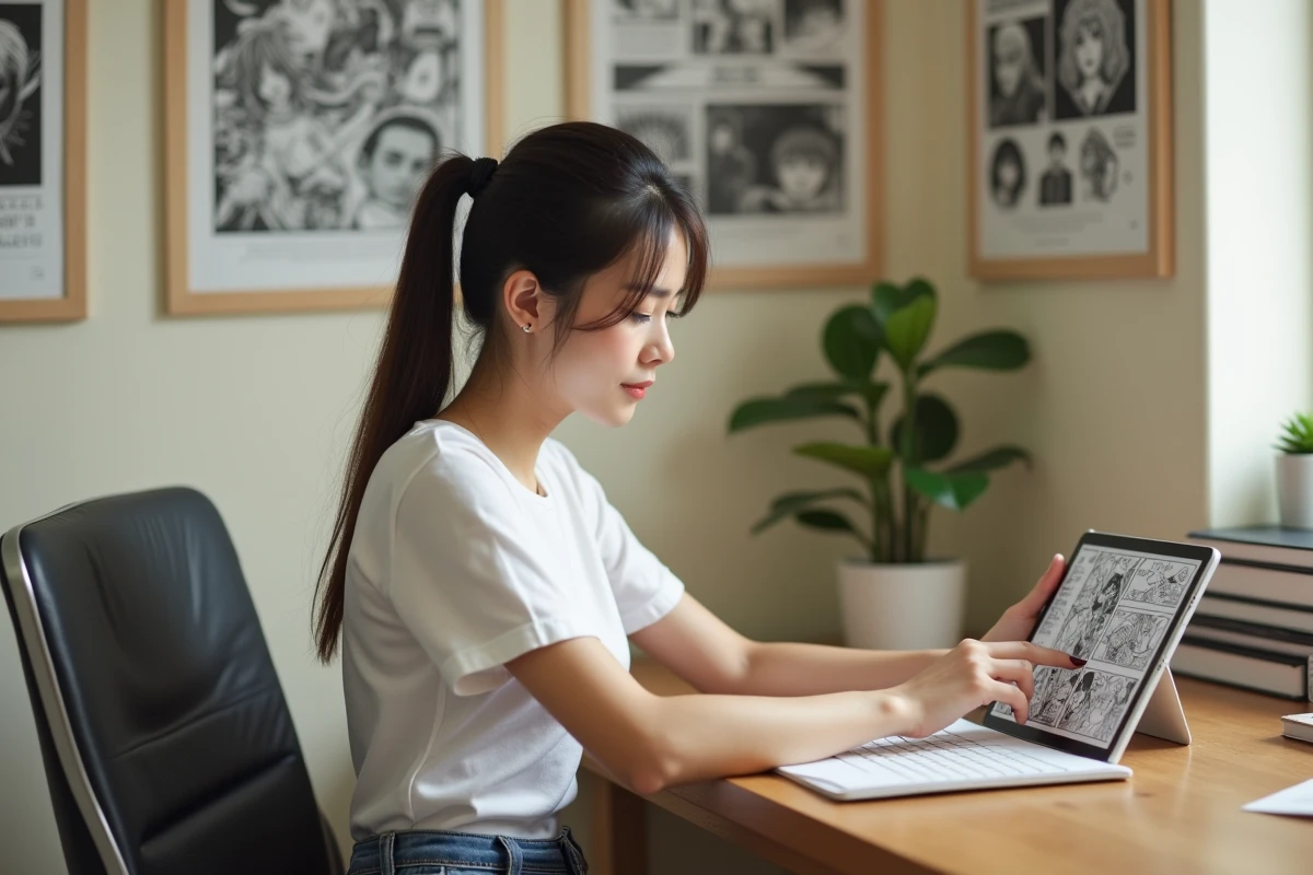 Jeune femme consultant un scan One Piece sur mobile depuis son bureau avec des posters manga au mur