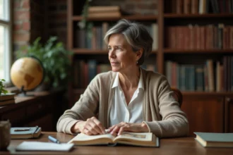 Femme réfléchie lisant un vieux livre illustré dans une bibliothèque