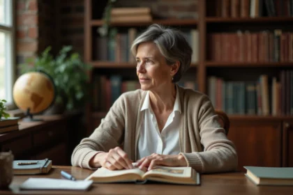 Femme réfléchie lisant un vieux livre illustré dans une bibliothèque