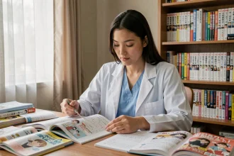 Jeune femme médecin lisant un manga médical à son bureau entouré de livres et de notes manuscrites