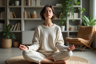 Femme méditant dans un salon calme et cosy