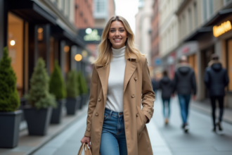 Femme élégante en trench beige dans une rue urbaine
