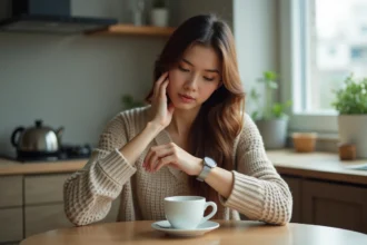 Femme regardant sa montre dans une cuisine moderne