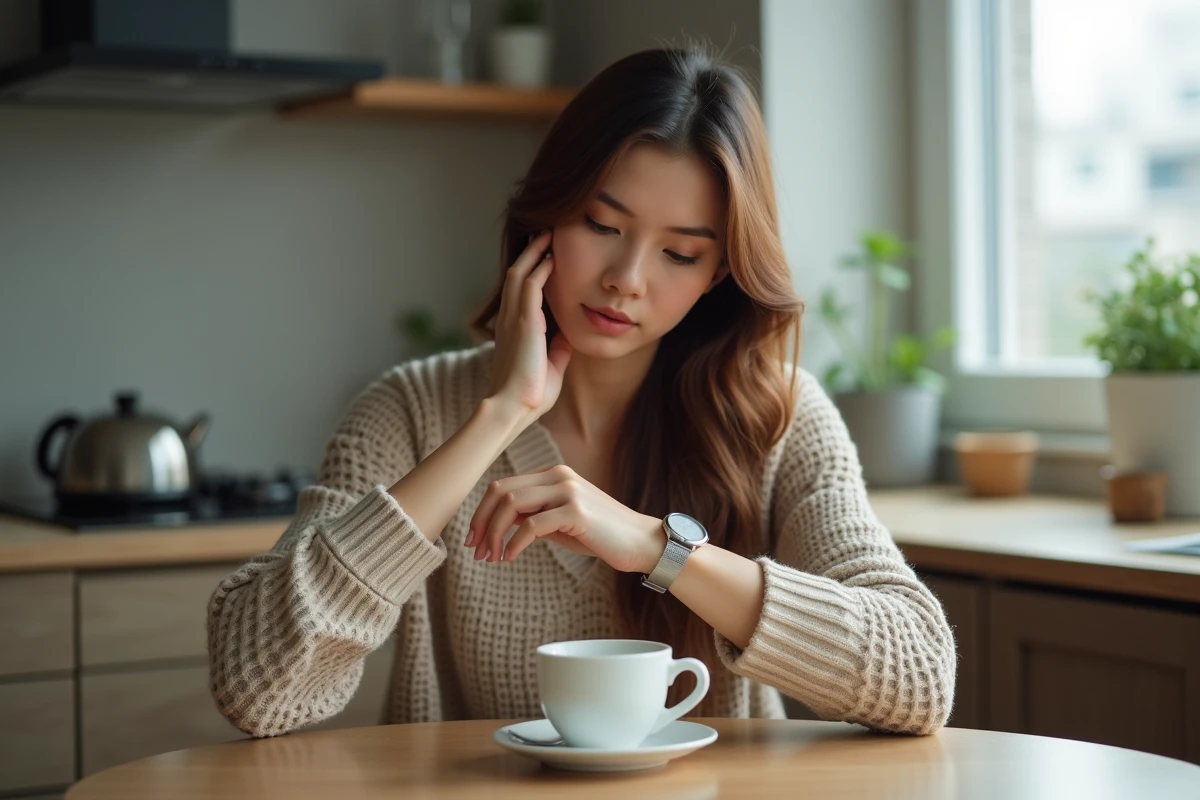 Femme regardant sa montre dans une cuisine moderne