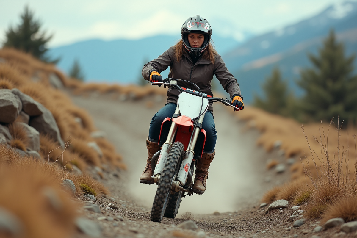 Jeune femme en pleine action sur une moto tout terrain en nature