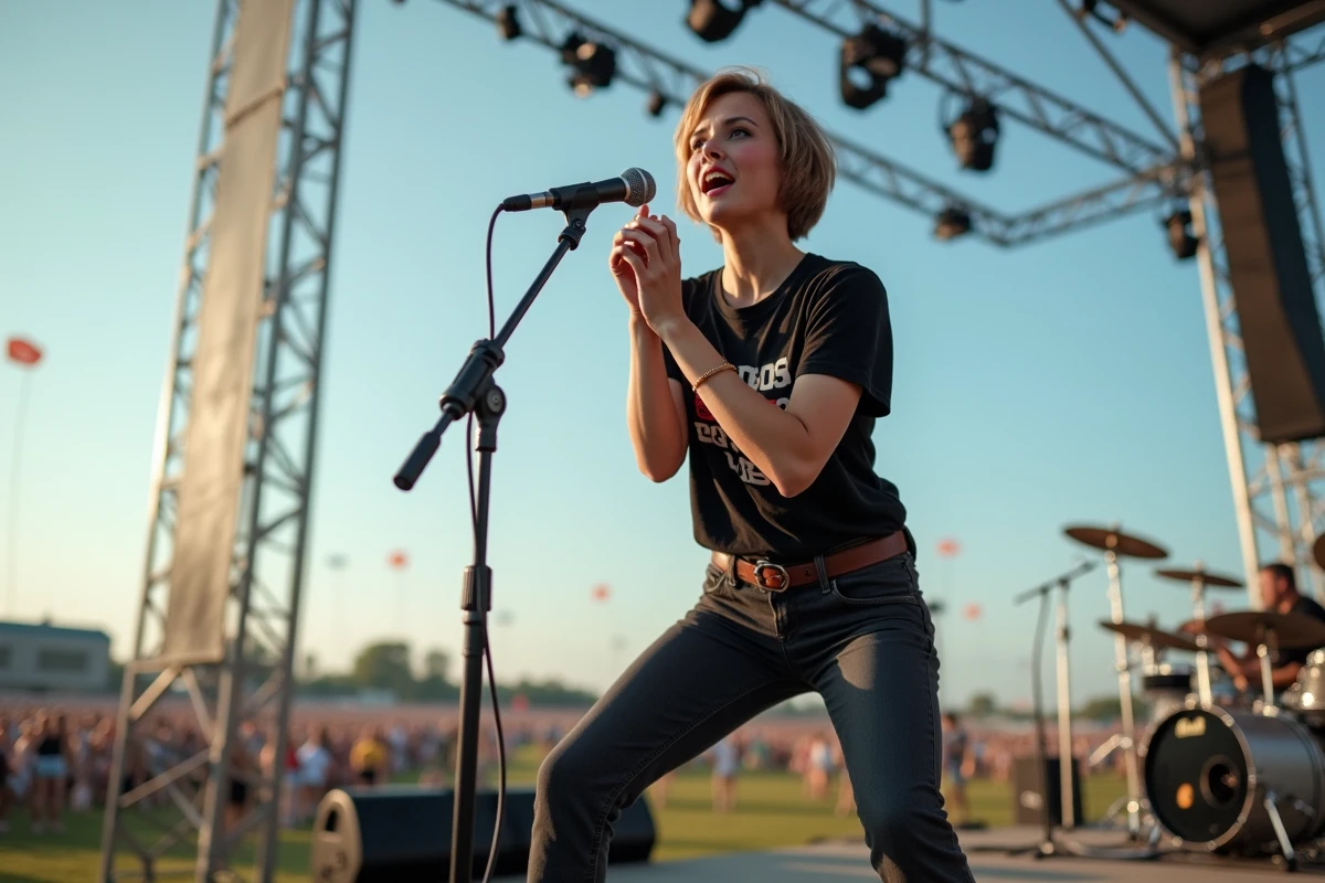 Femme musicienne en plein concert en extérieur