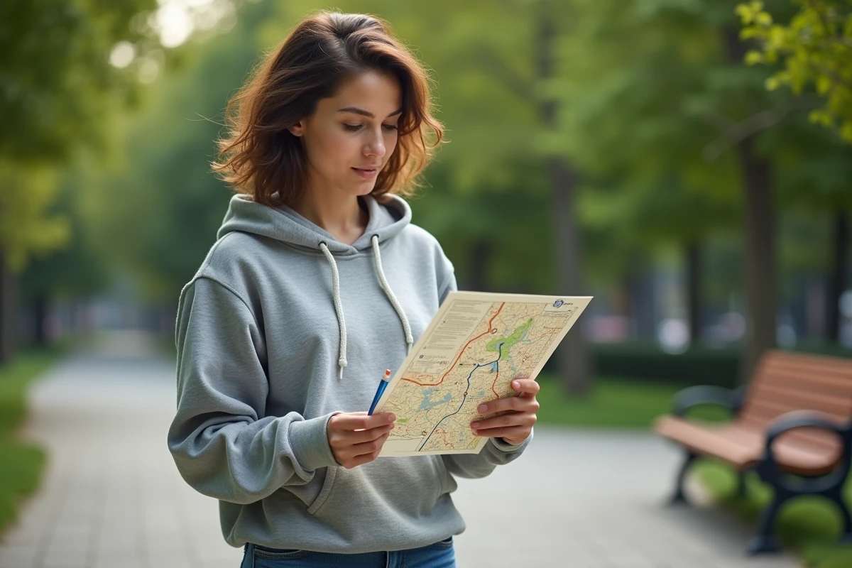 Femme en parc urbain regardant une carte Dofus