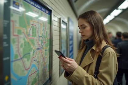 Jeune femme regardant une carte du metro parisien