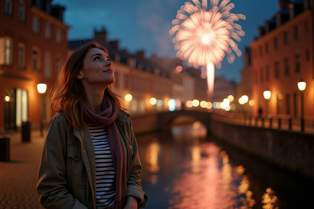 Femme admirant le feu d'artifice depuis un pont du Vieux-Lille avec reflets colorés dans le canal