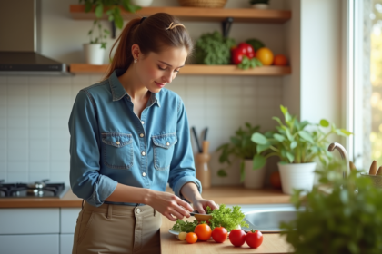 Femme en cuisine préparant une salade colorée