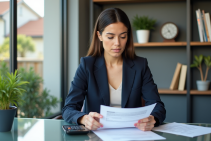 Jeune femme en bureau examinant documents hypothécaire