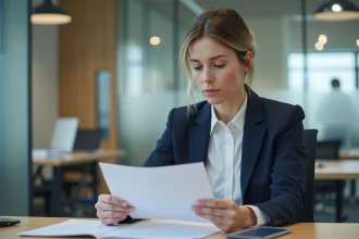 Femme professionnelle relisant une lettre administrative dans un bureau moderne, illustrant les formules de politesse respectueuses