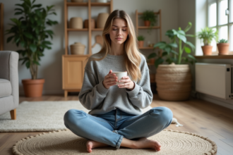Jeune femme assise avec un mug dans un intérieur chaleureux