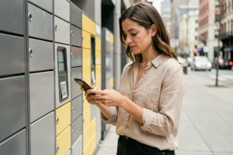 Femme récupérant un colis dans une consigne automatique Vinted en ville avec son smartphone