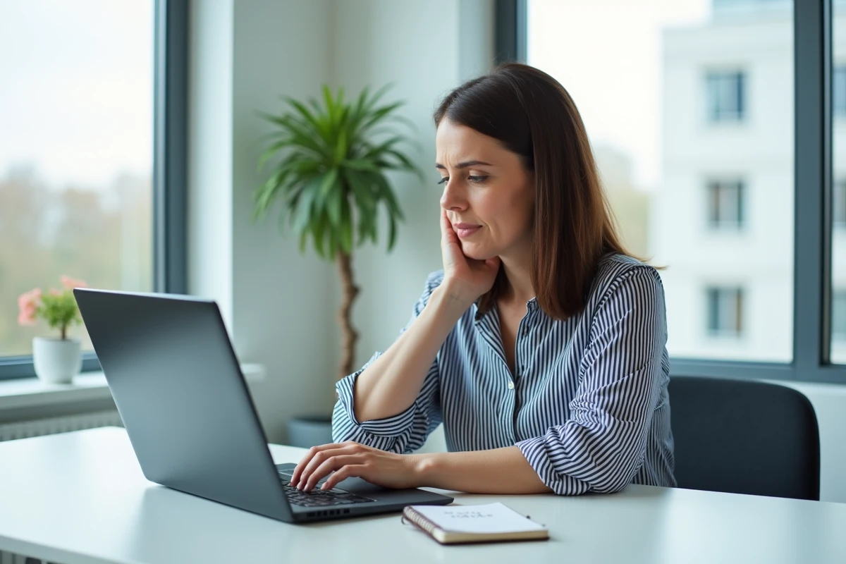 Femme hésitant avant de cliquer sur une tuile dans une partie de Scrabble en ligne sur ordinateur portable, avec un bloc-notes de stratégie posé à côté