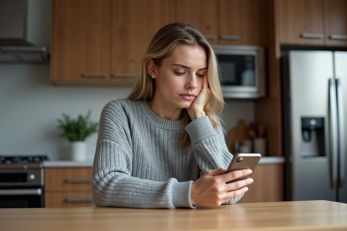Jeune femme inquiète avec smartphone dans une cuisine moderne