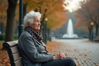 Femme senior assise sur un banc en automne