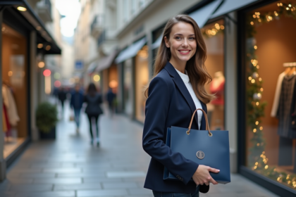 Jeune femme professionnelle souriante devant une boutique