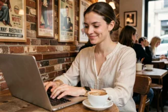 Femme française utilisant un site de rencontre gratuit sur son ordinateur portable dans un café parisien
