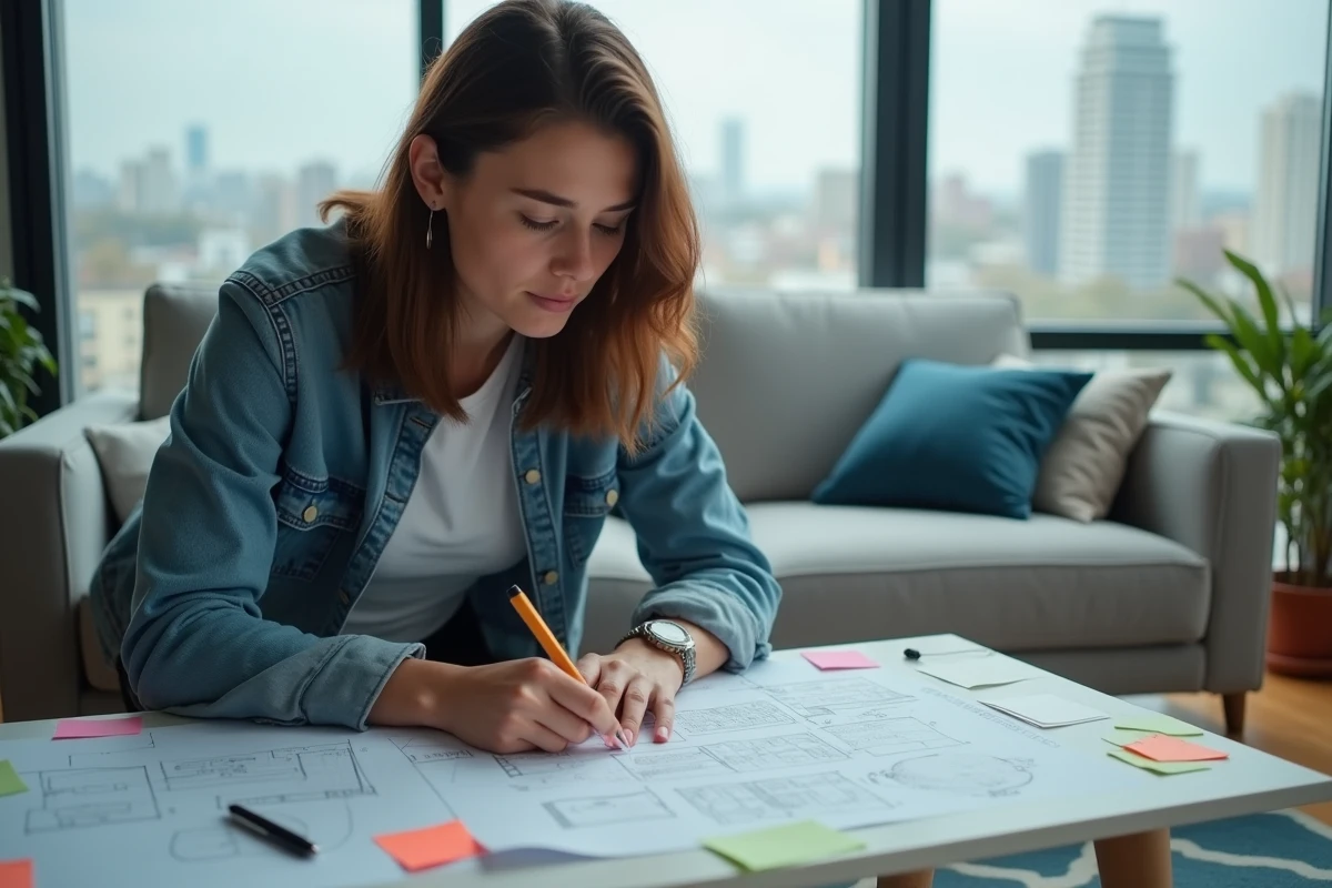 Femme consultant des solutions de niveaux imprimées pour Rooms et Exit étalées sur une table basse