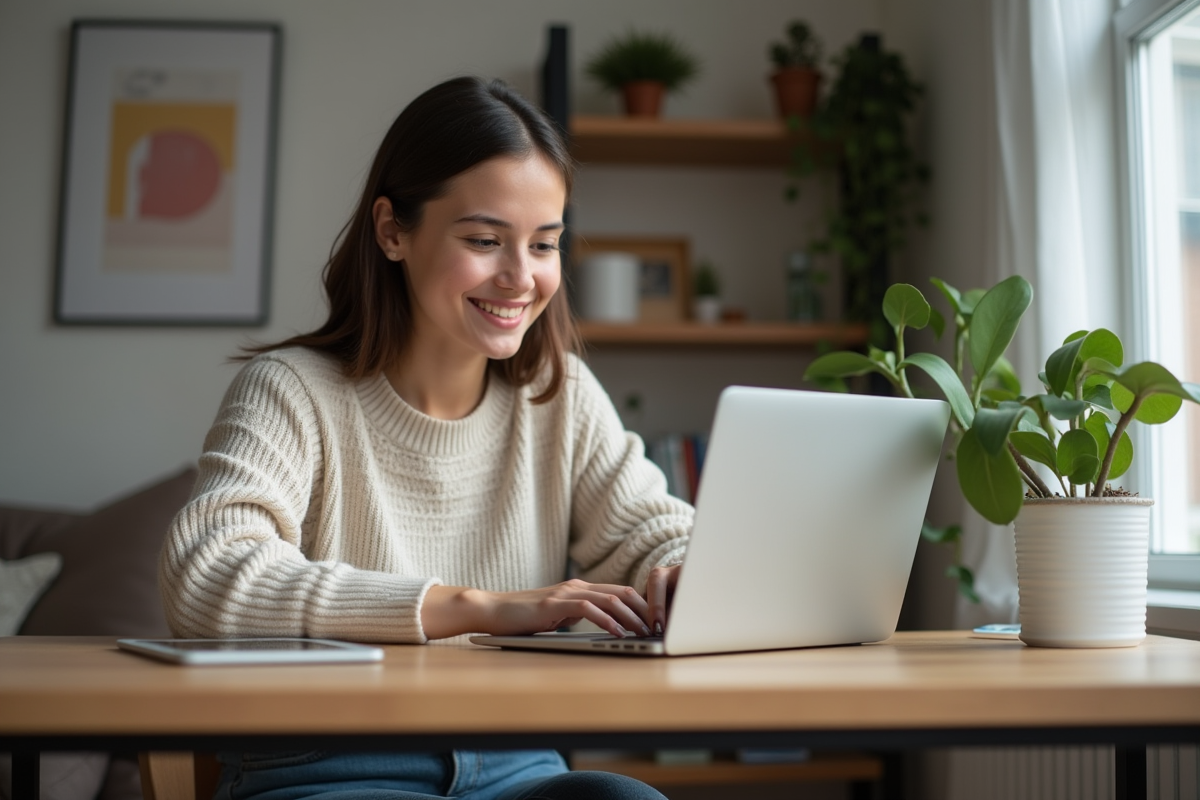 Femme souriante travaillant sur traduction dans son bureau