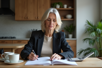Femme d'âge moyen travaillant à la maison avec papiers et calculatrice
