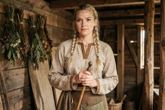 Reconstitution historique d'une femme viking en costume traditionnel scandinave dans une maison longue viking