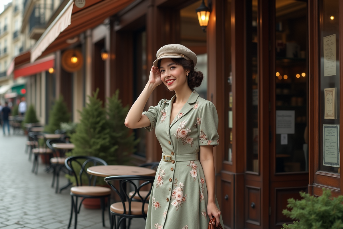 Femme en robe vintage devant un café parisien