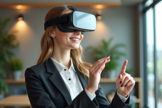 Jeune femme en formation VR dans un bureau moderne