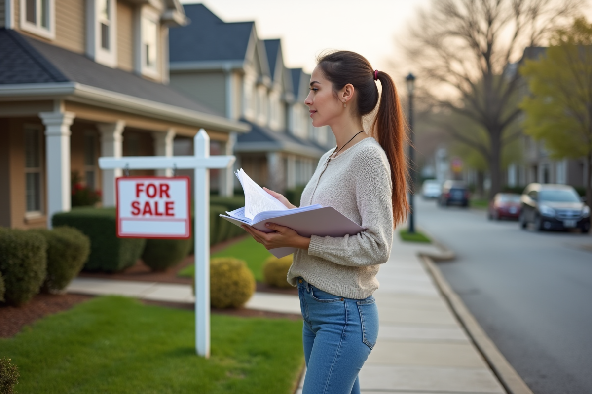 Jeune femme regarde une maison en vente dans le quartier