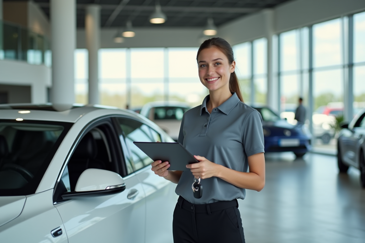 Jeune femme souriante avec clés et carnet devant voiture électrique