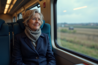 Femme française en manteau navy regardant par la fenêtre du train