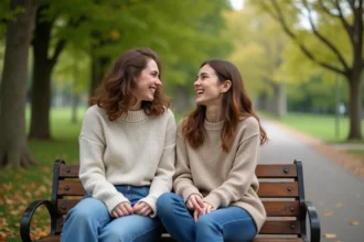 Deux femmes rient sur un banc dans un parc en été