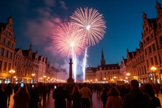 Feu d'artifice au-dessus de la Grand Place de Lille avec foule de spectateurs et façades baroques flamandes illuminées