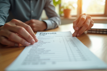 Mains tenant une fiche de paie sur un bureau lumineux