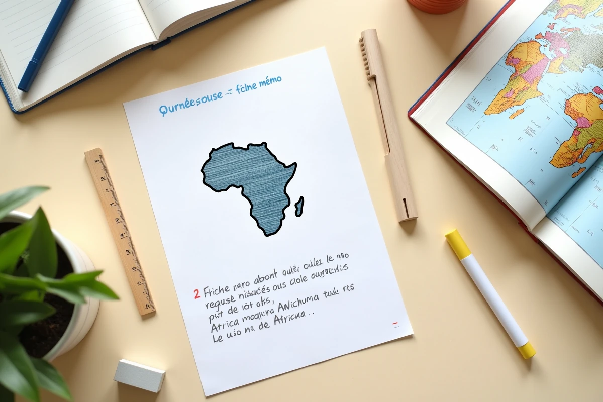 Vue aérienne d'une fiche mémo sur les plus grands pays d'Afrique avec atlas et annotations manuscrites, matériel scolaire de géographie