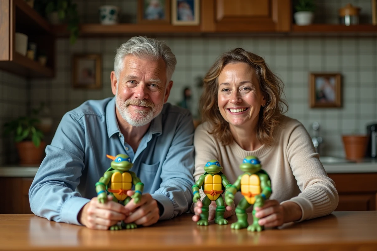 Adultes souriants tenant des figurines Teenage Mutant Ninja Turtles