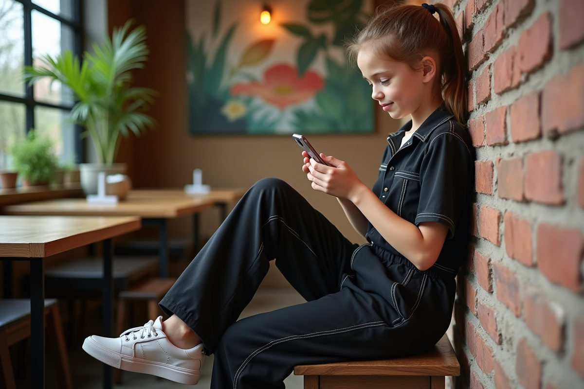 Jeune fille en jumpsuit dans un café tendance