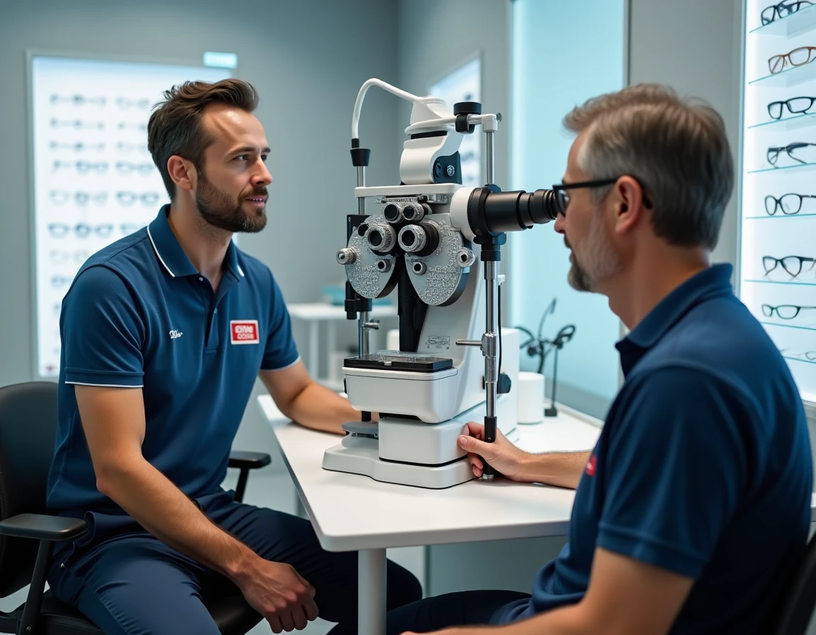 Finet Optic 2000 à Clermont-Ferrand, opticien réalisant un examen de vue avec un phoroptère dans une salle d'optométrie moderne