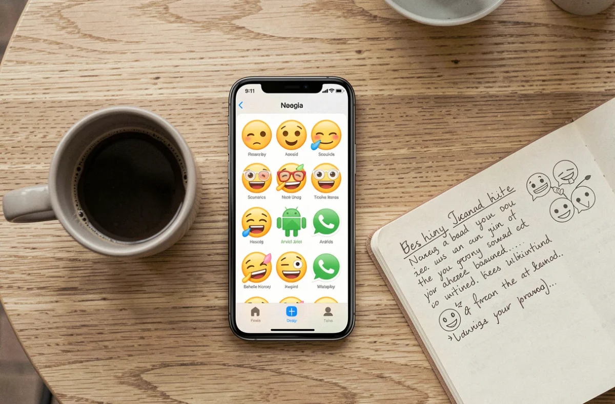 Vue aérienne d'un smartphone montrant les différences de design des emojis entre iOS, Android et WhatsApp
