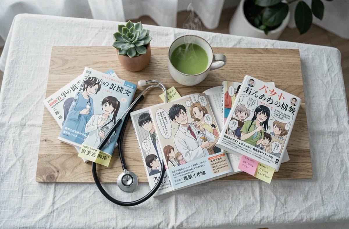 Mise en scène soignée de volumes de manga médical avec stéthoscope et thé matcha sur une table en bois clair