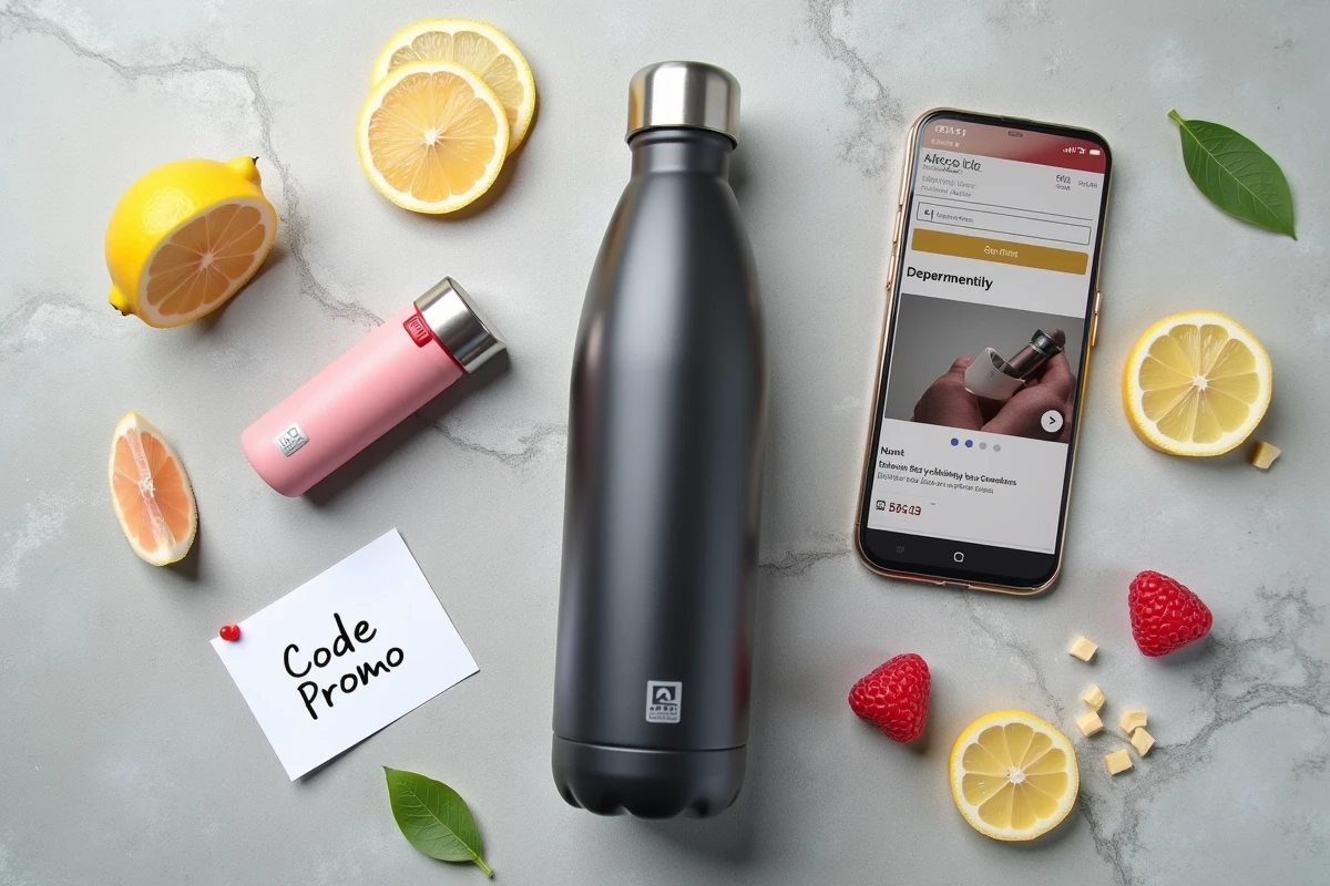 Flatlay de la gourde Air Up Inoxtag en acier avec un code promo et des fruits frais sur fond béton gris