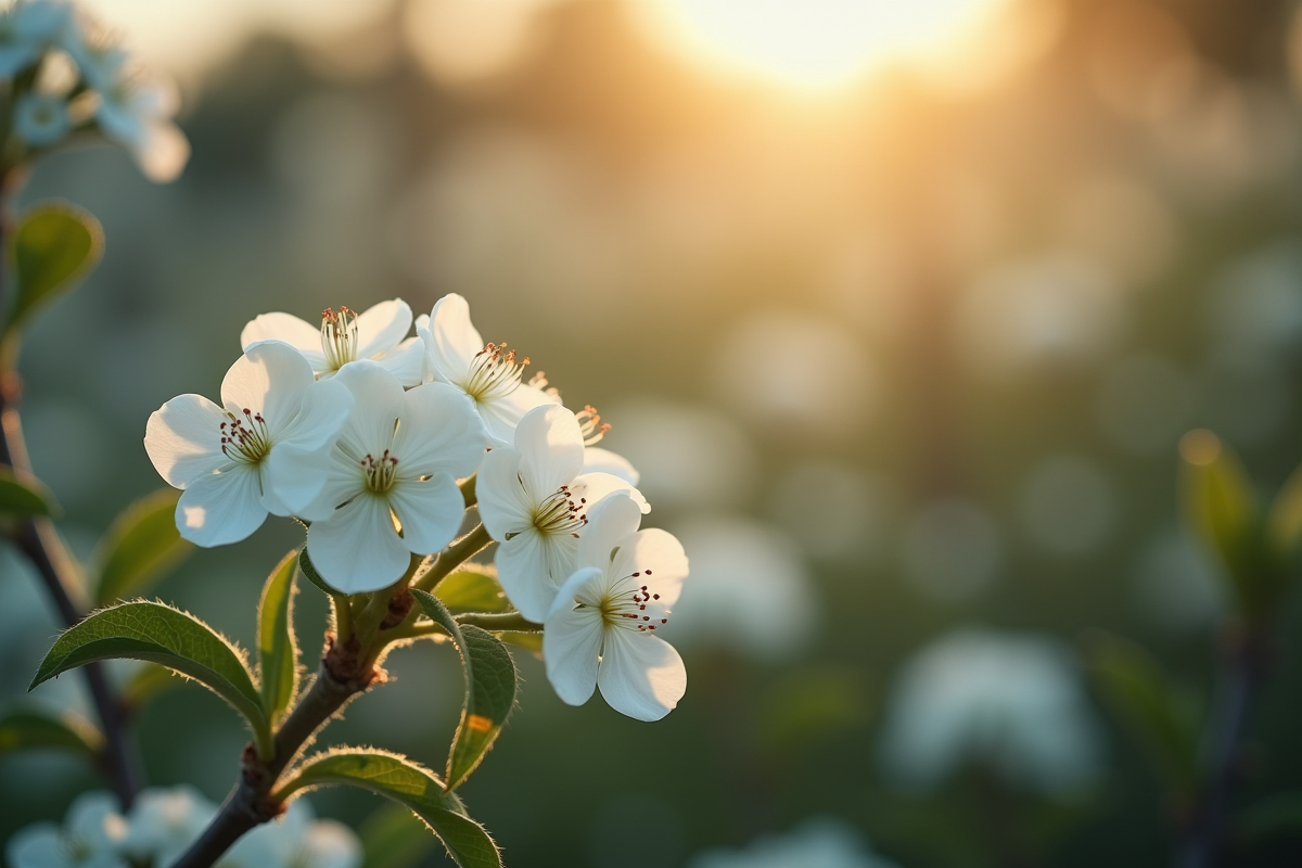 Fleurs de daphne blanches vues de dessus au matin
