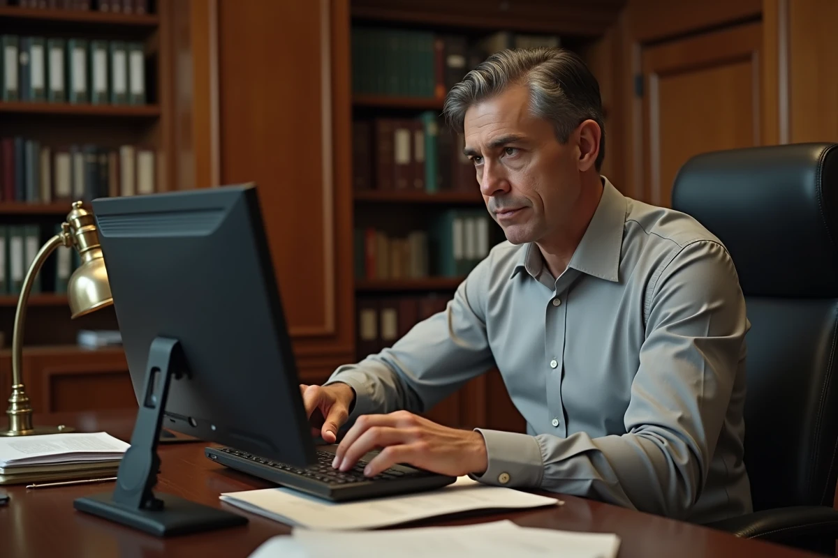 Fonctionnaire rédigeant une lettre administrative formelle sur ordinateur, symbolisant les nouvelles formules de politesse modernes