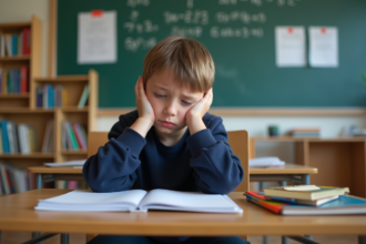 Garçon de 9 ans à l'école avec expression préoccupée